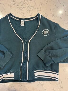 PINK Victoria's Secret Green Zip-Up Cropped Varsity Style Jacket with White Trim